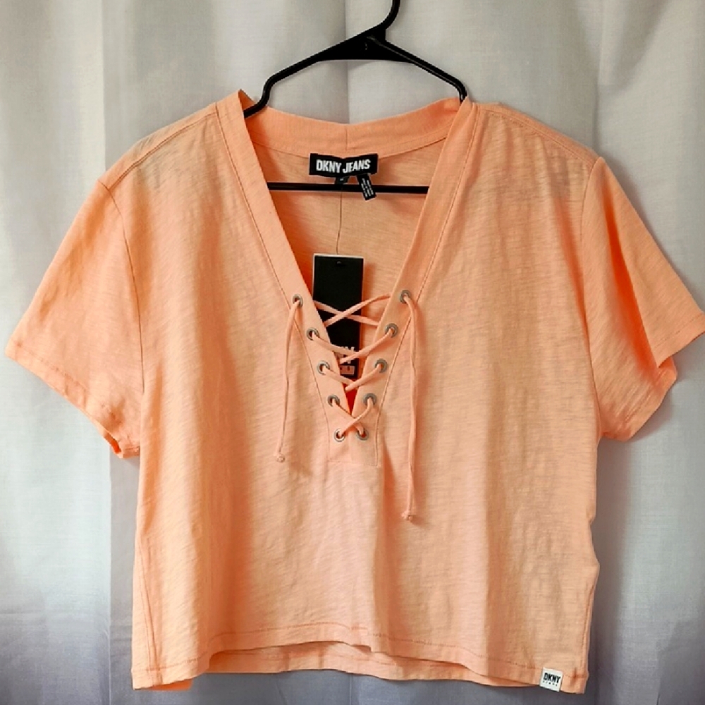 DKNY Jeans Peach Lace-Up V-neck Tee L